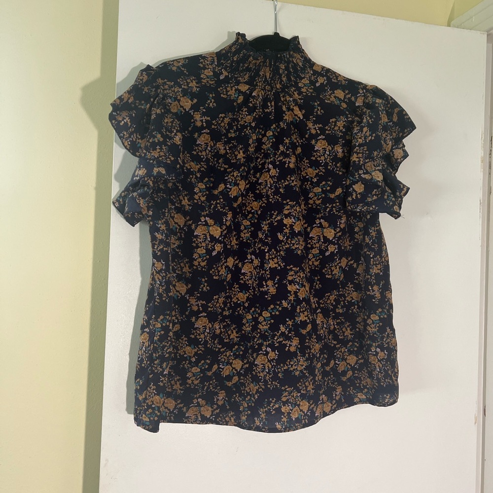 SHEIN Navy and Brown Ruffled Flutter Sleeve Blouse